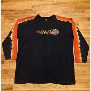 VTG USA Harley Davidson Shirt Mens 2XL Black Flame Long Sleeve Motorcycle TieDye